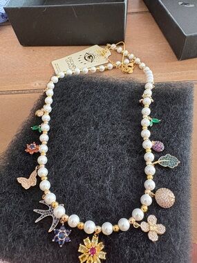 eye candy Gold Pearl Necklace with Green, Blue, Yellow, Pink Accents